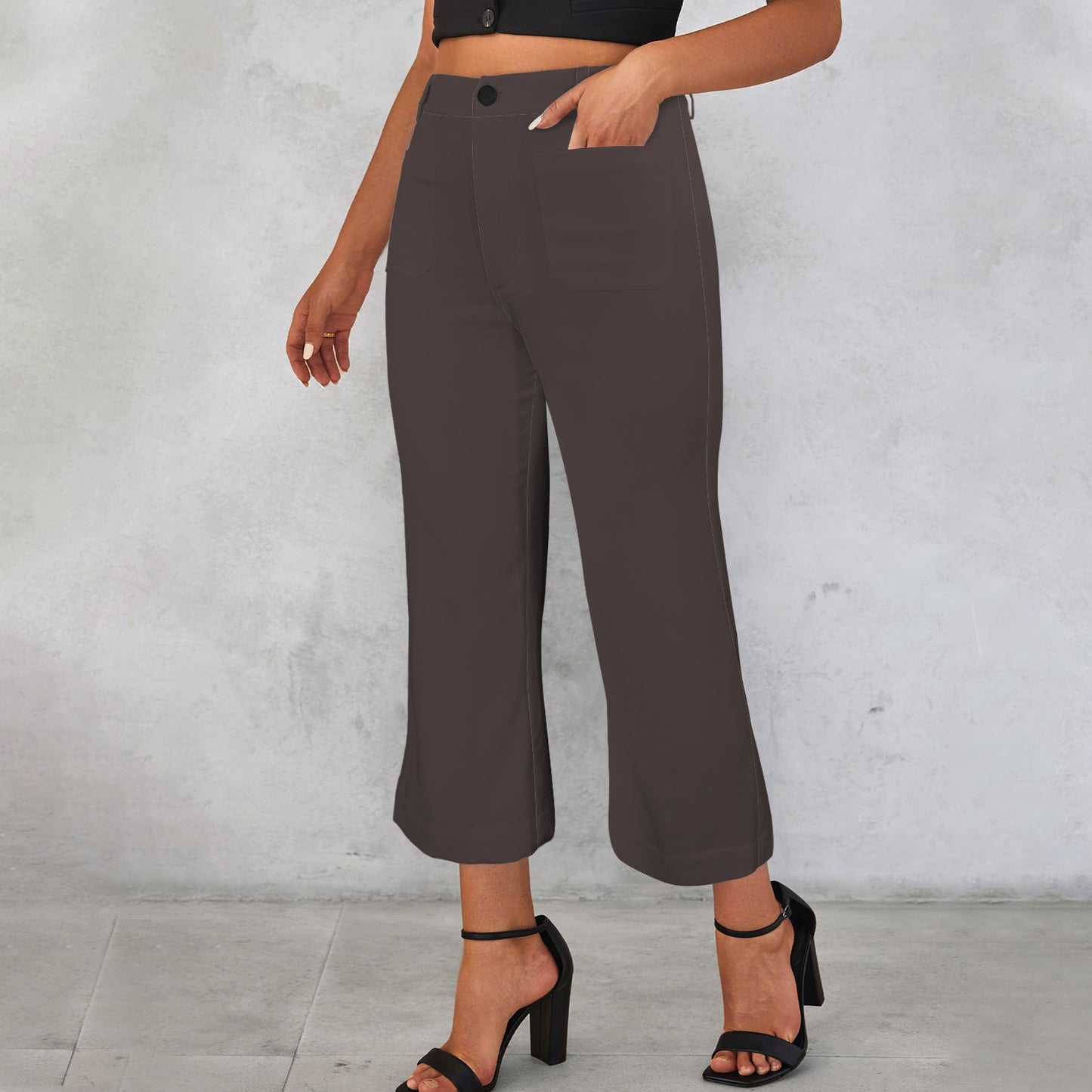 High Waist Pocket Flared Cropped Pants Espresso