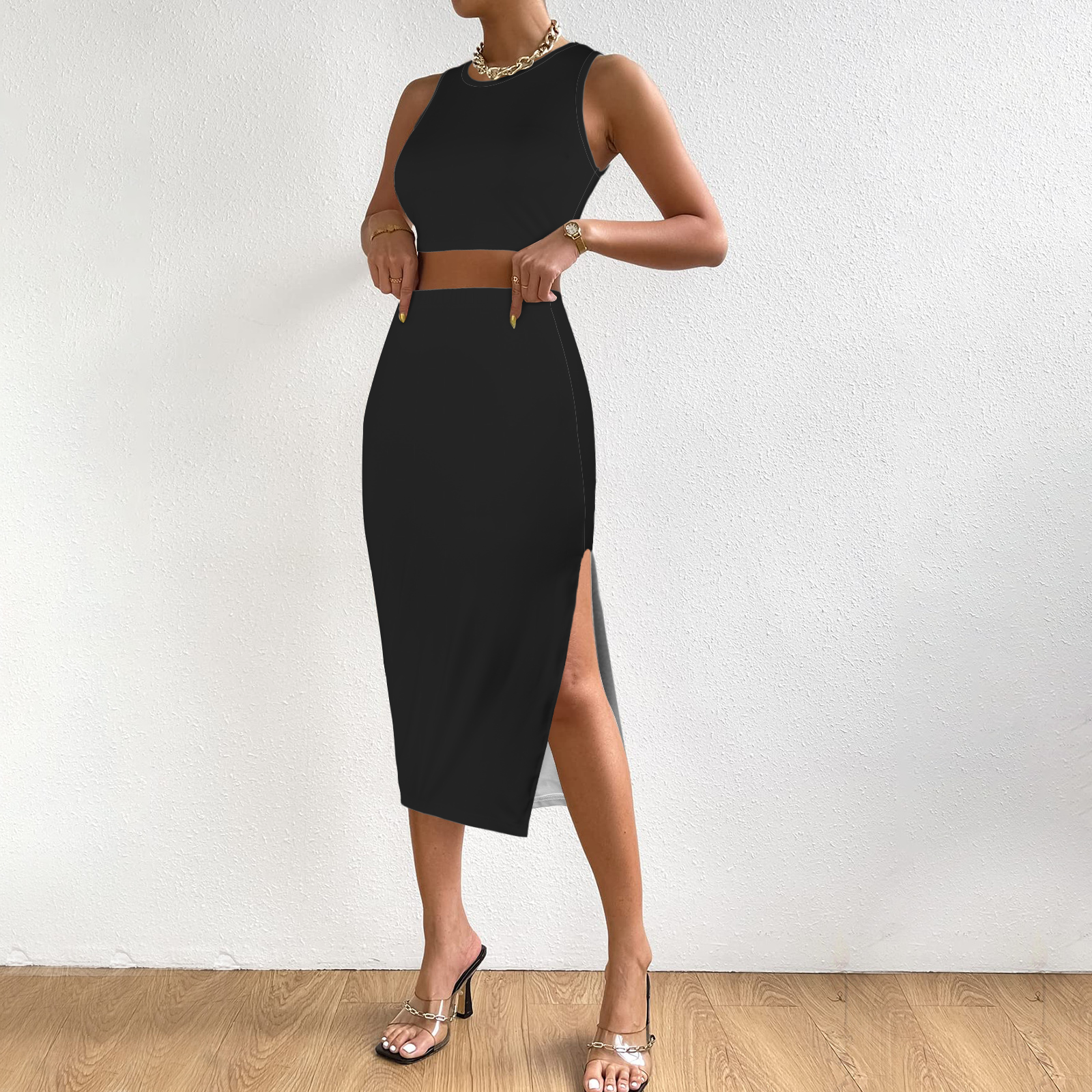 Black Mid Length Skirt & Crop Tank 2 Piece Set