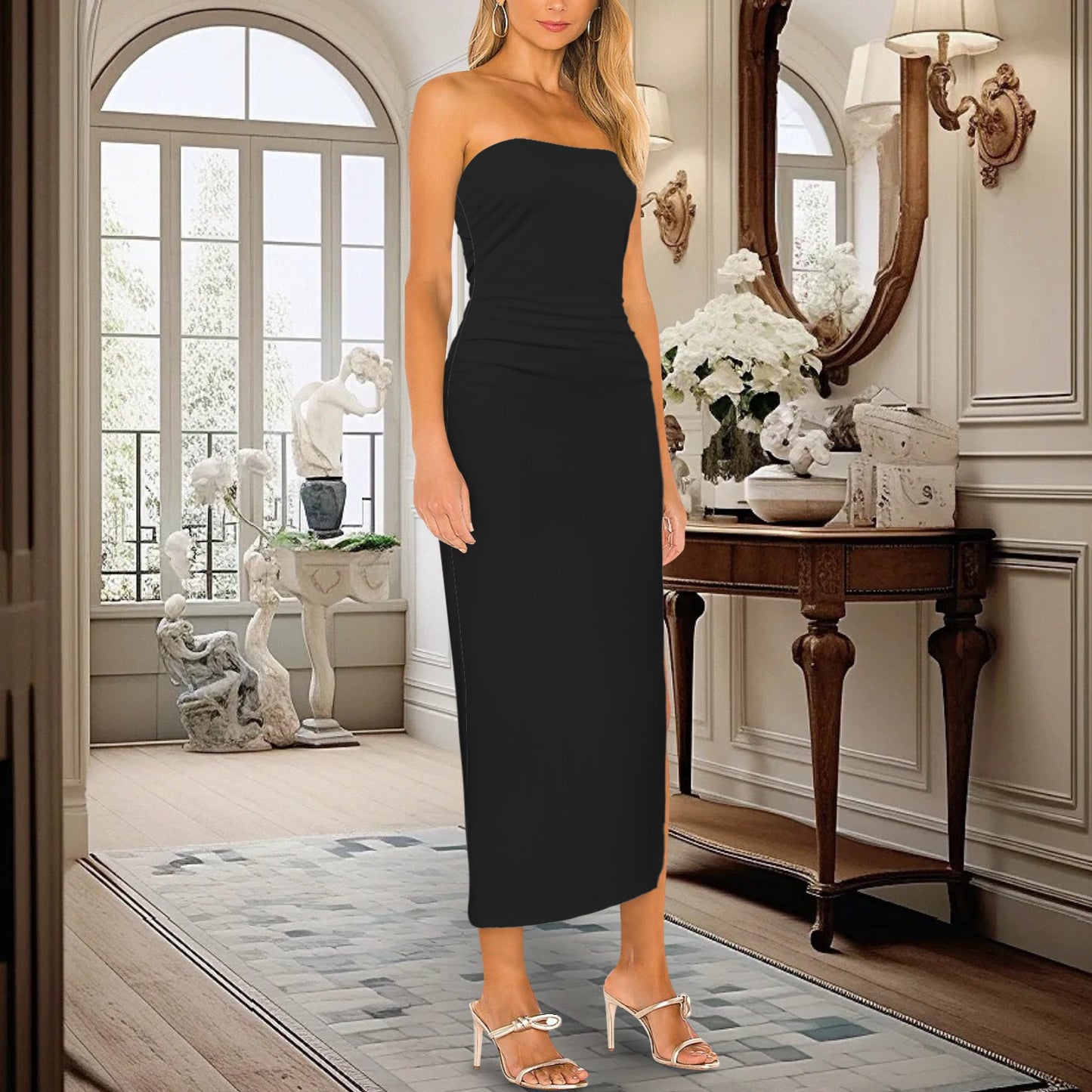 Strapless Side Slit Maxi Slim Fit Dress Black