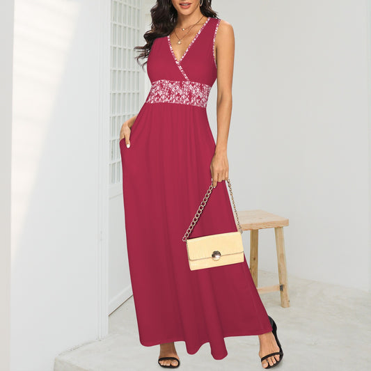 Red Berry Floral Maxi Dress Sleeveless V-Neck