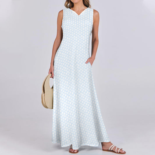 Flower Print Cloud Blue Sleeveless Long Dress