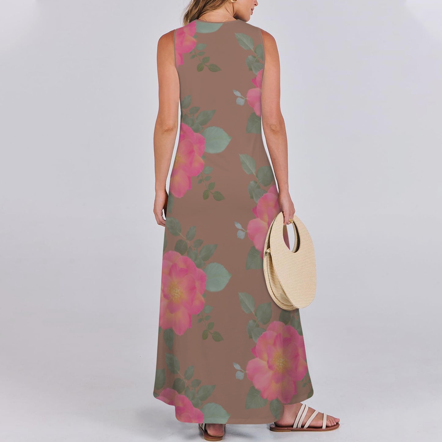 Sleeveless Maxi Dress Roses Brown