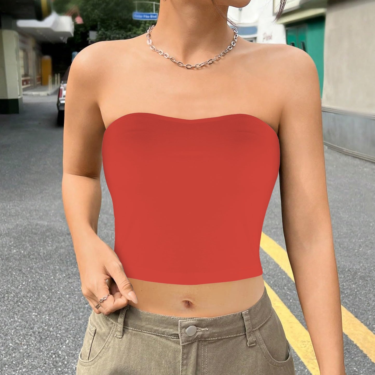 Neutral Coral Basic Backless Tube Crop Top