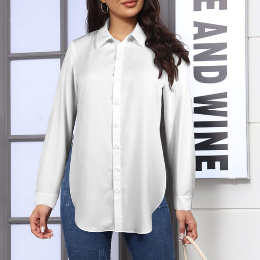 Button Front Long Sleeve Shirt with Split Sides White