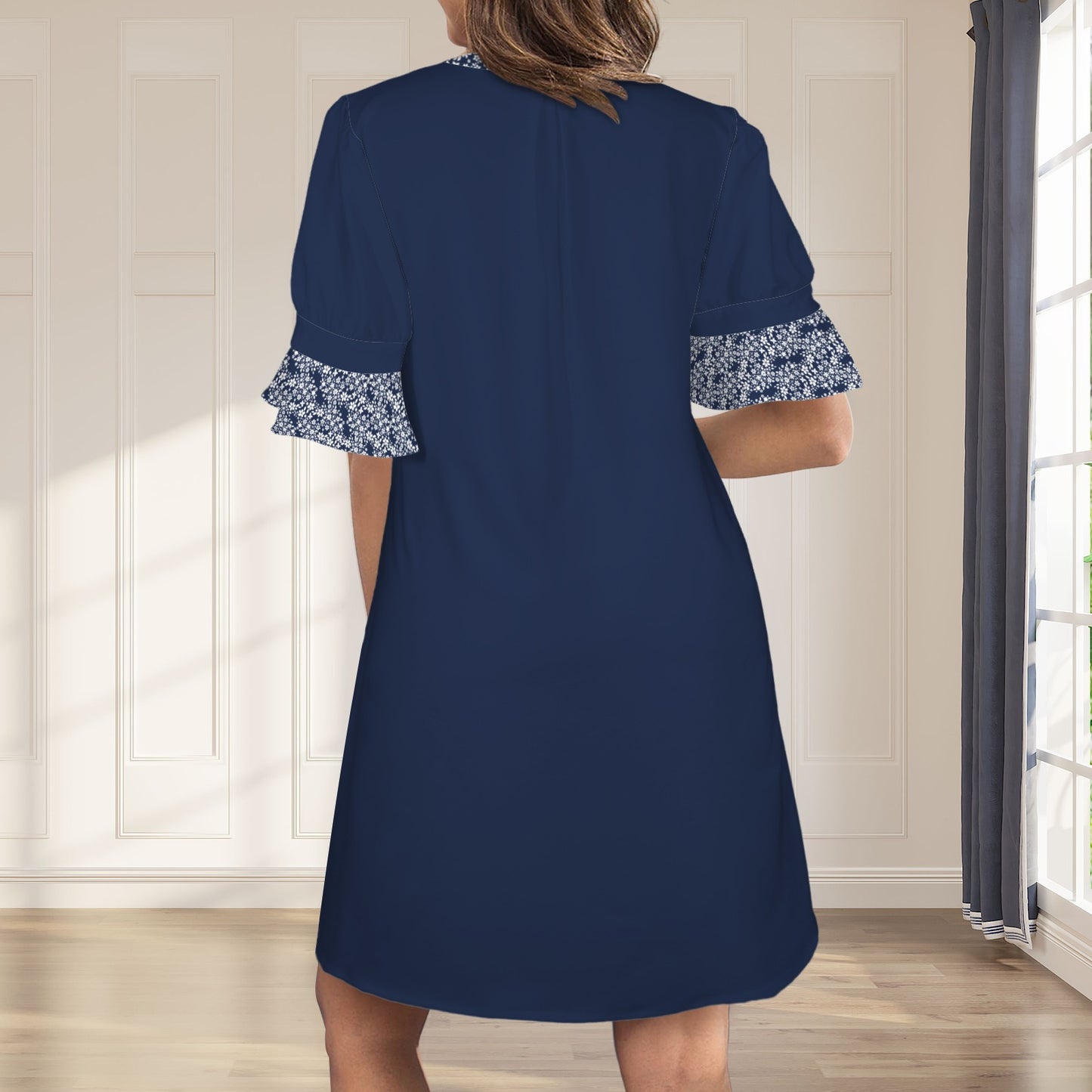 V-Neck Ruffle Sleeve Casual Dress Dark Navy & White Floral