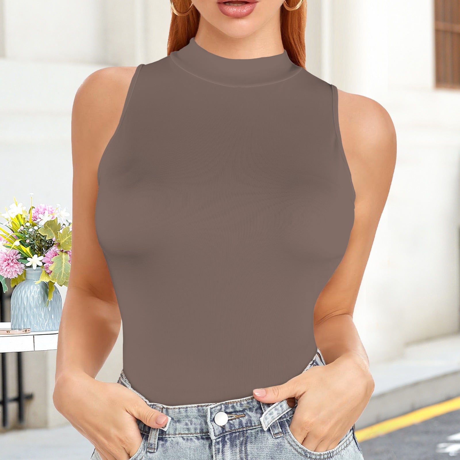 Casual Sleeveless Slim Fit Tank Top Mocha