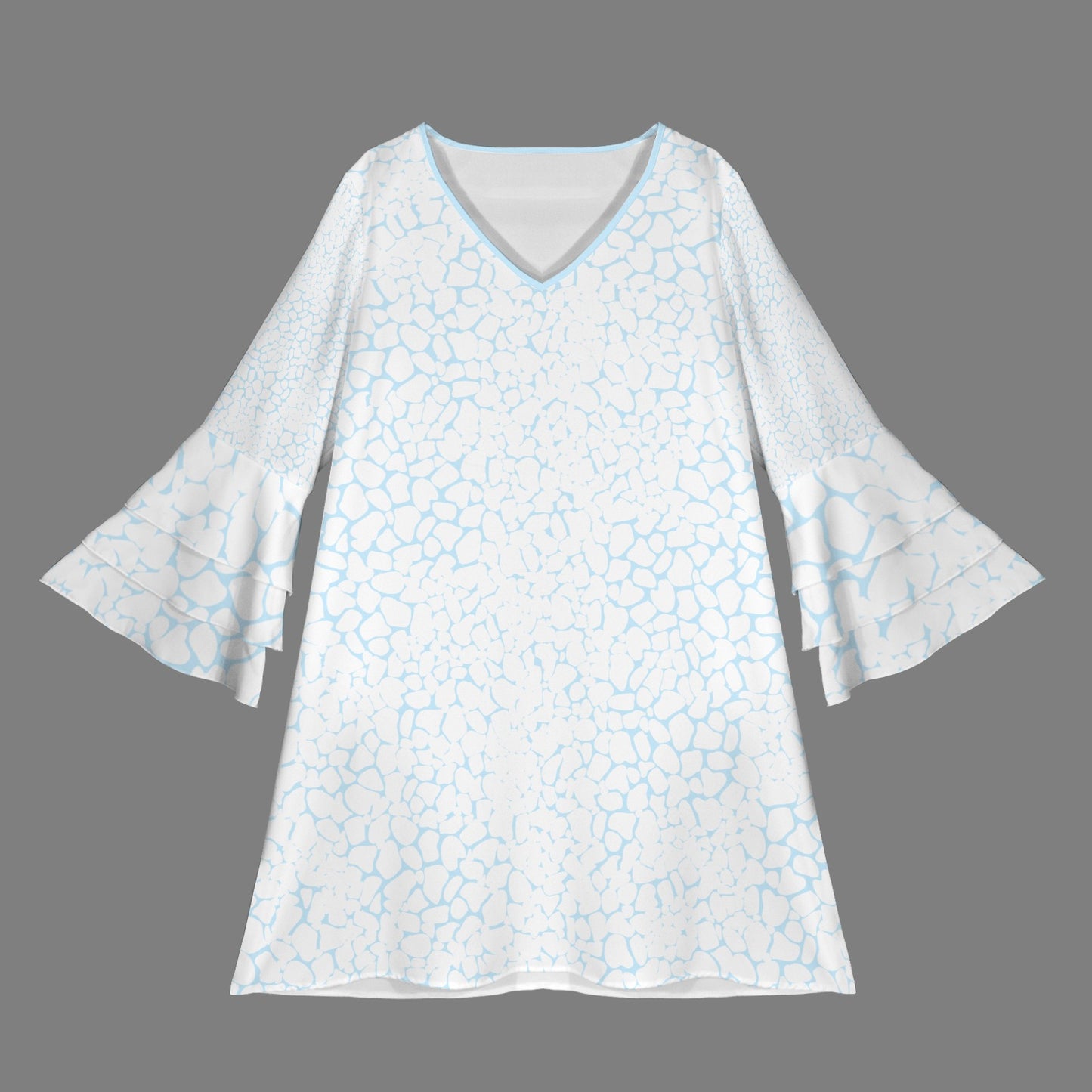 Light Blue & White Pebble V Neck Layered Flared Sleeve Dress