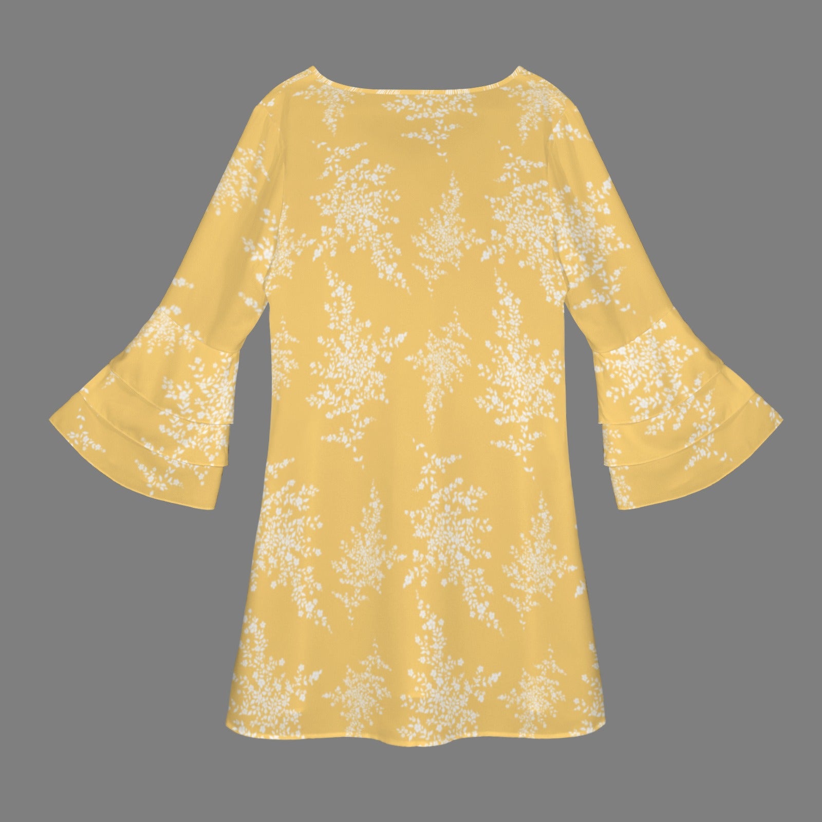 Yellow White Floral Neck Layered Flared Sleeve Dress