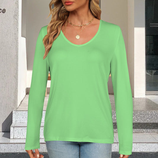 V Neck Long Sleeve Pullover Top Light Green