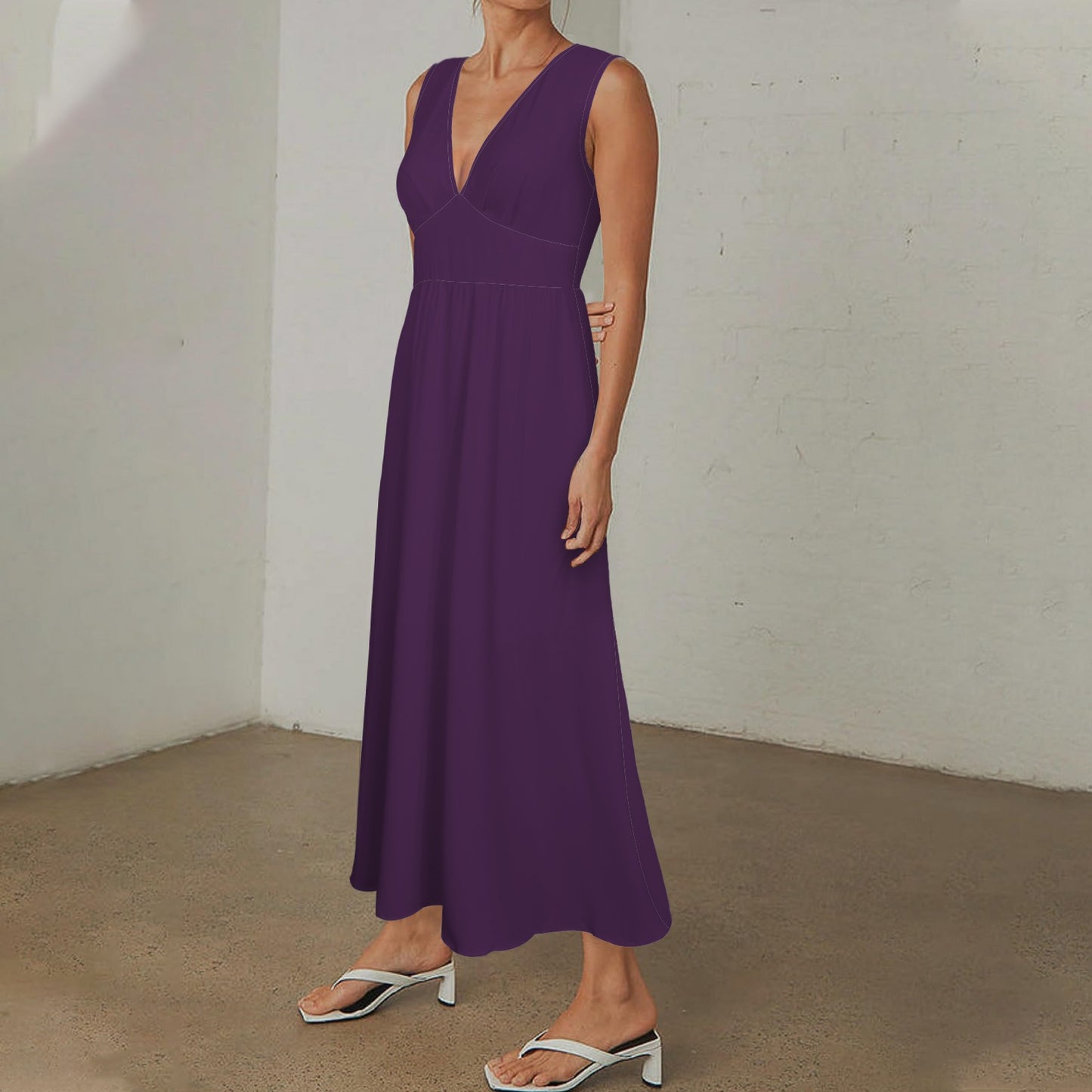 Deep V-Neck Sleeveless Hight Waisted Maxi Dress Flower Purple