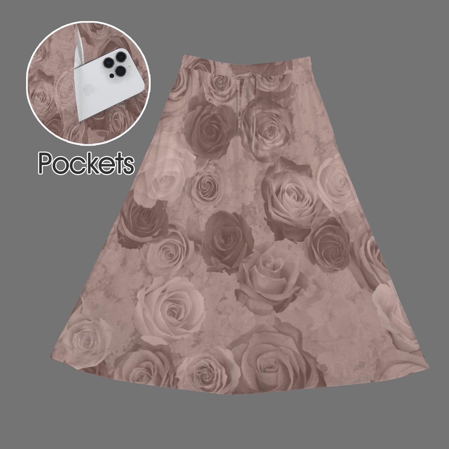 Drawstring Pocket Maxi Skirt Dusted Mauve Roses