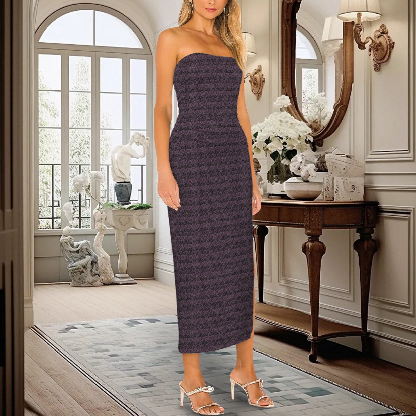 Strapless Side Slit Maxi Slim Fit Dress Plum Scallop Print