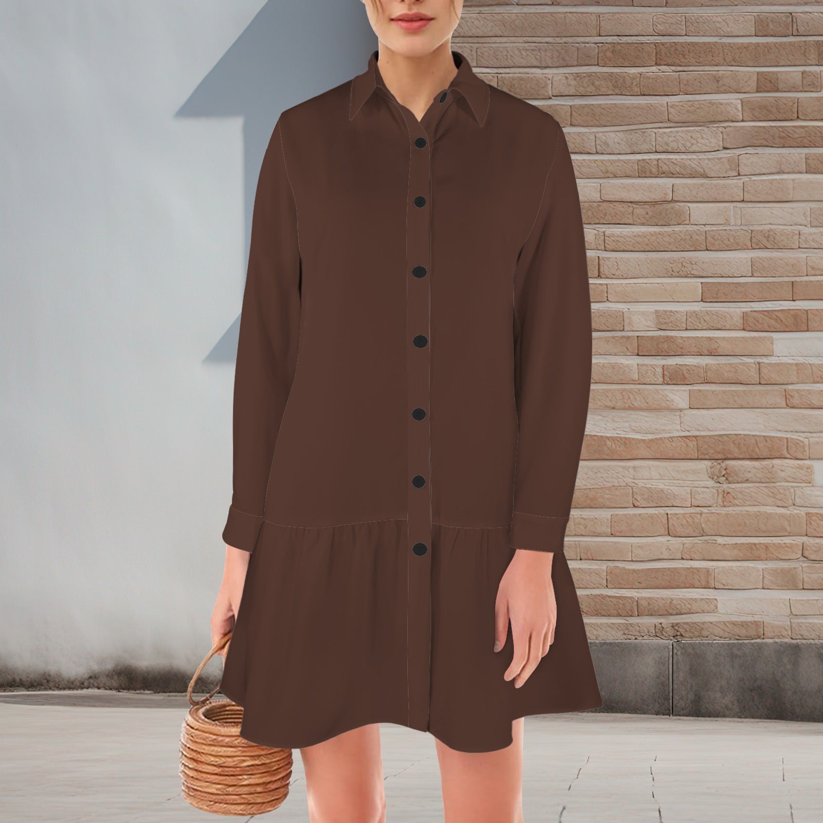 Chocolate Lapel Button Long Sleeve Pleated Shirt Dress