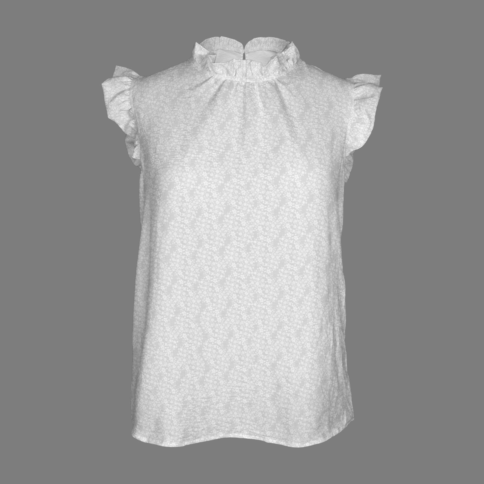 Floral Links Print White & Grey Ruffled Neck & Cap Sleeve Top