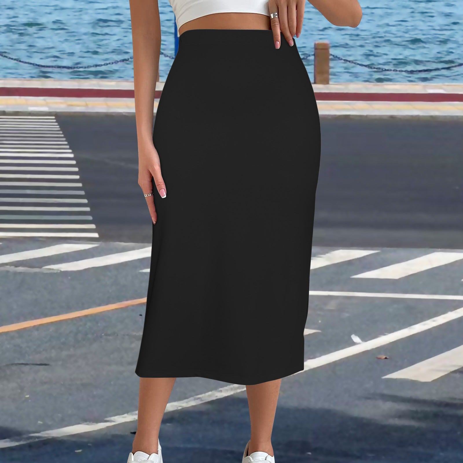 High Waist Split Skirt Black