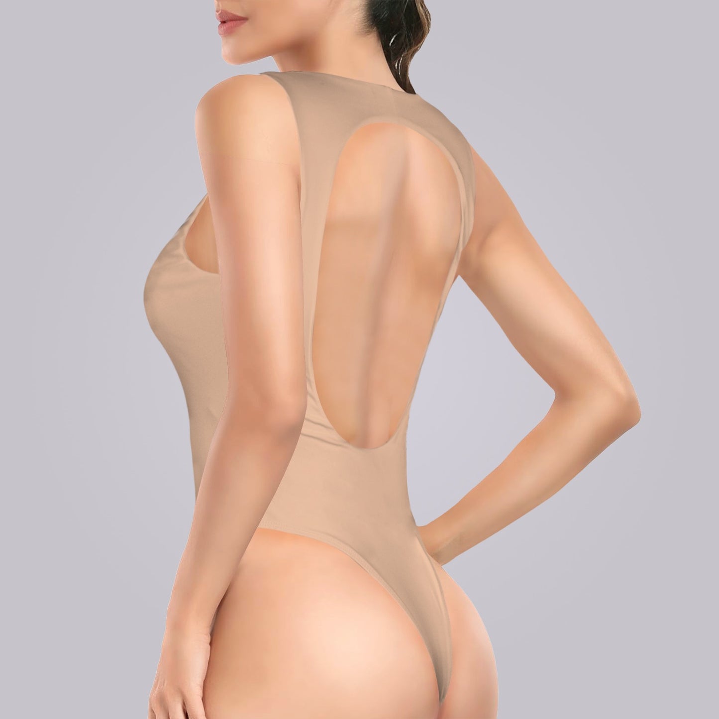 Sleeveless Backless Bodysuit Beige Nude