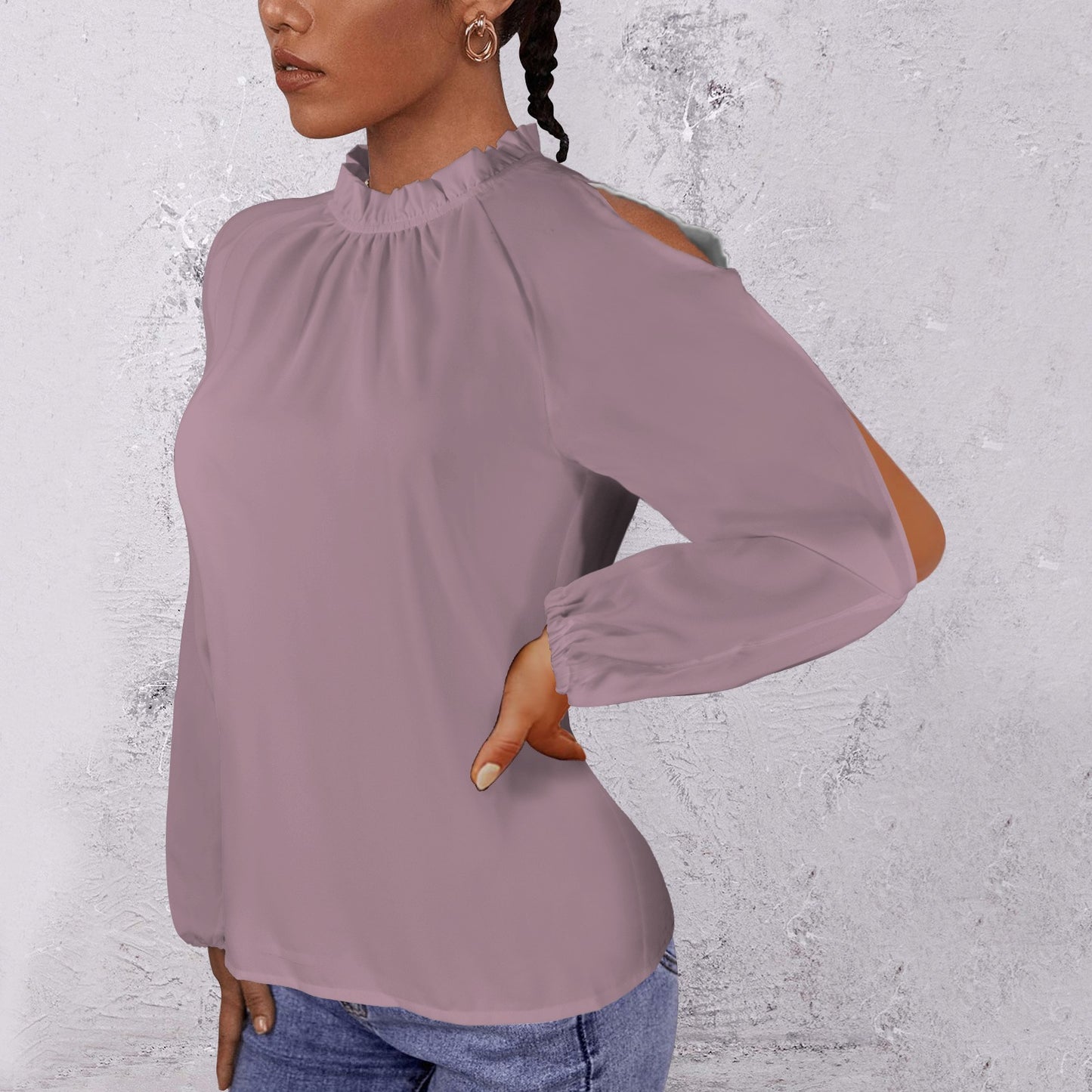 Lotus Leaf Round Neck Long Sleeve Pleated Off Shoulder Blouse Mauve