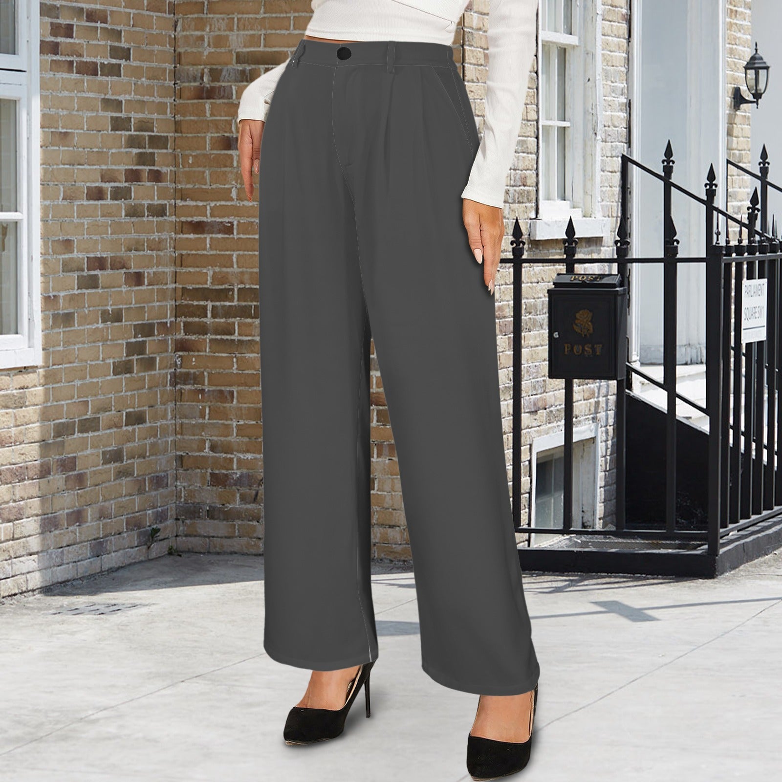 High Waist Long Straight Wide Leg Pants Dark Grey