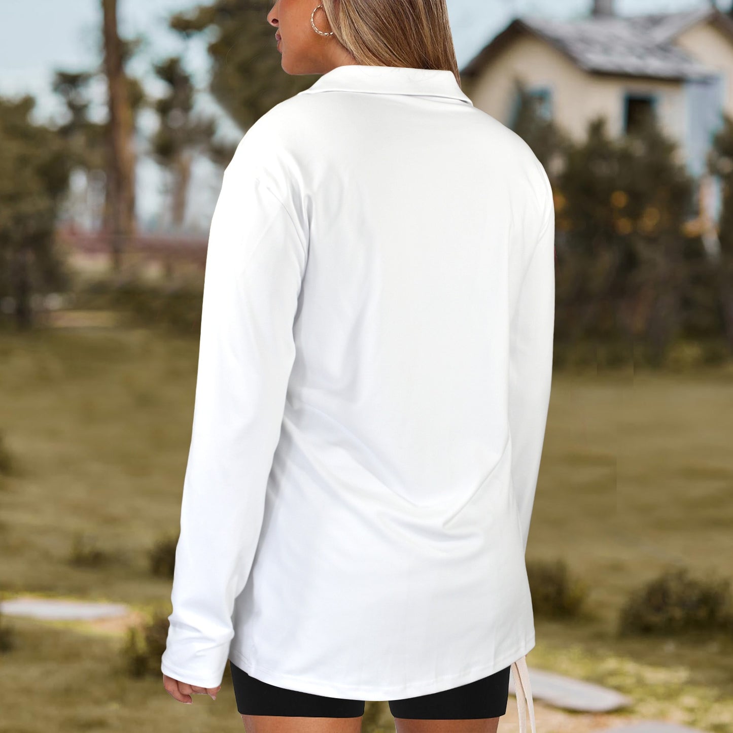 Lapel Half Zip Long Sleeve T-Shirt White