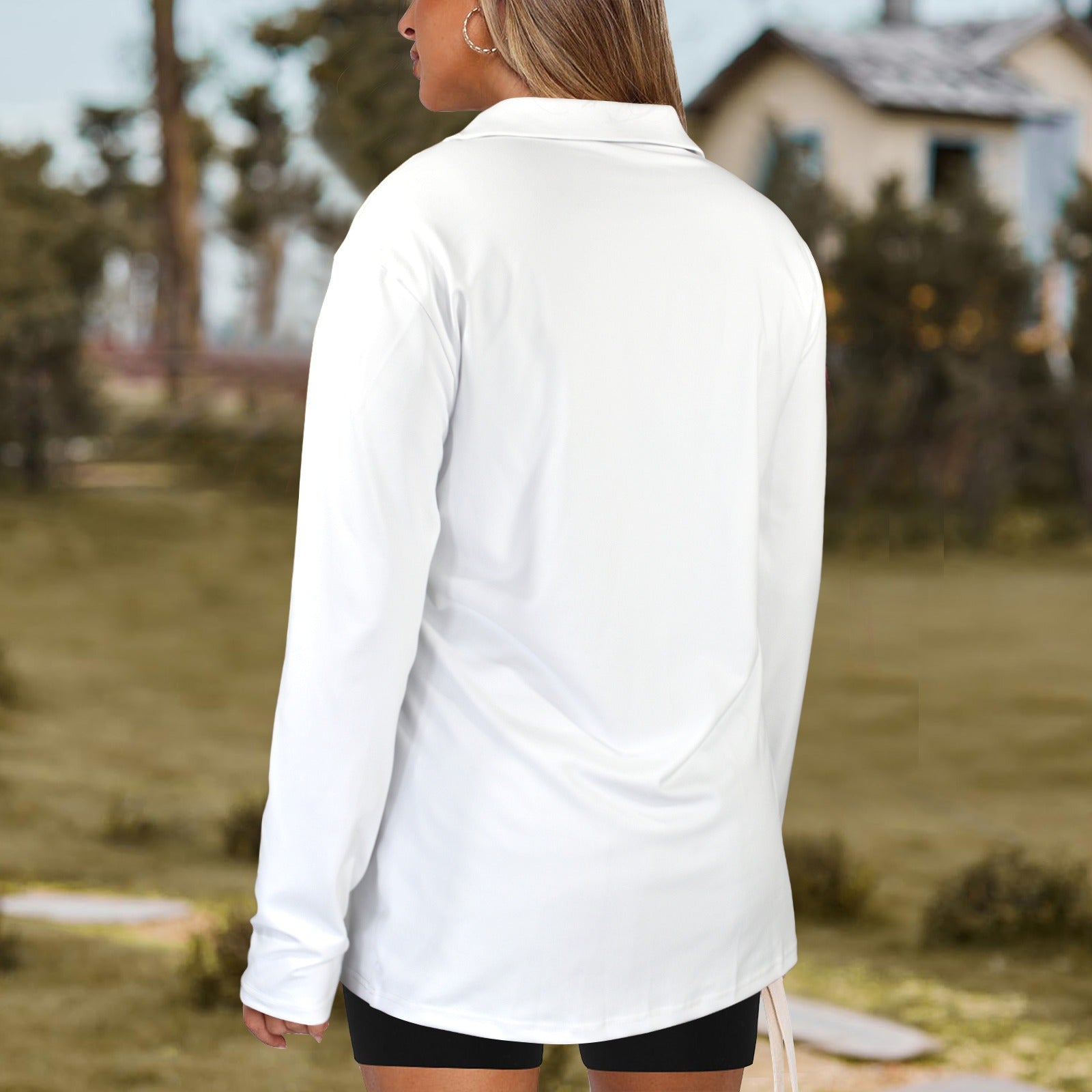 Lapel Half Zip Long Sleeve T-Shirt White