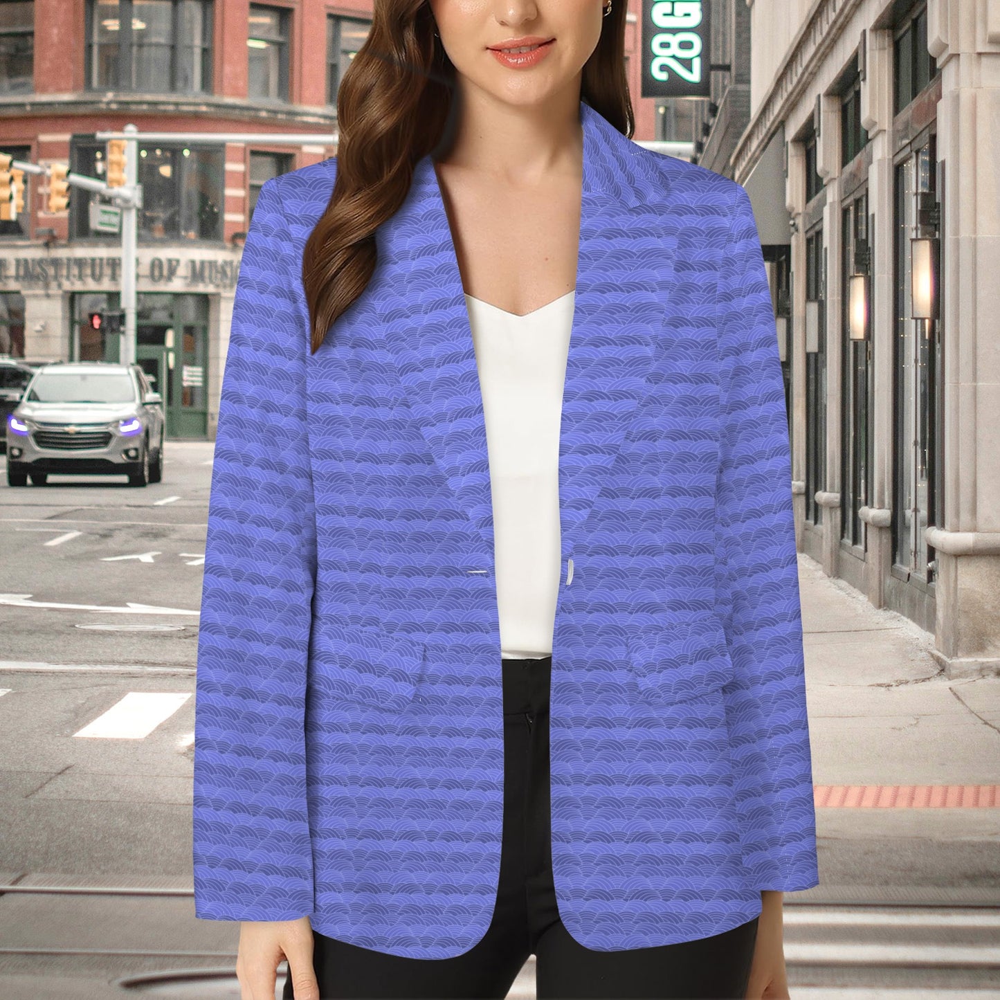 Open Front Casual Long Sleeve Blazer Blue Periwinkle Scallop Print