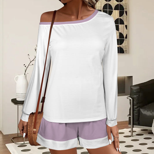 Slanted Off Shoulder Sweatshirt & Elastic Waist Shorts Set Dusted Lavender Mauve & White