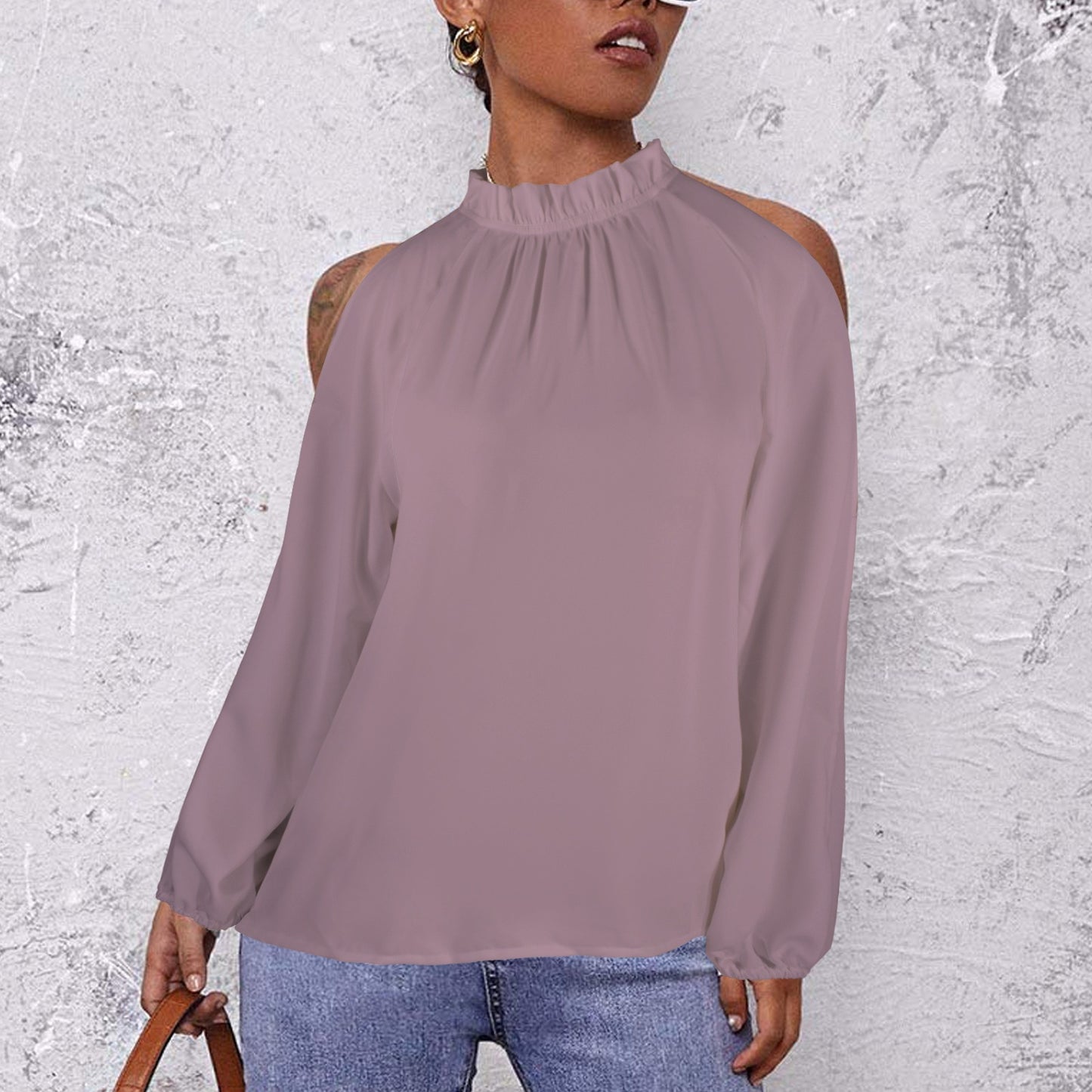 Lotus Leaf Round Neck Long Sleeve Pleated Off Shoulder Blouse Mauve