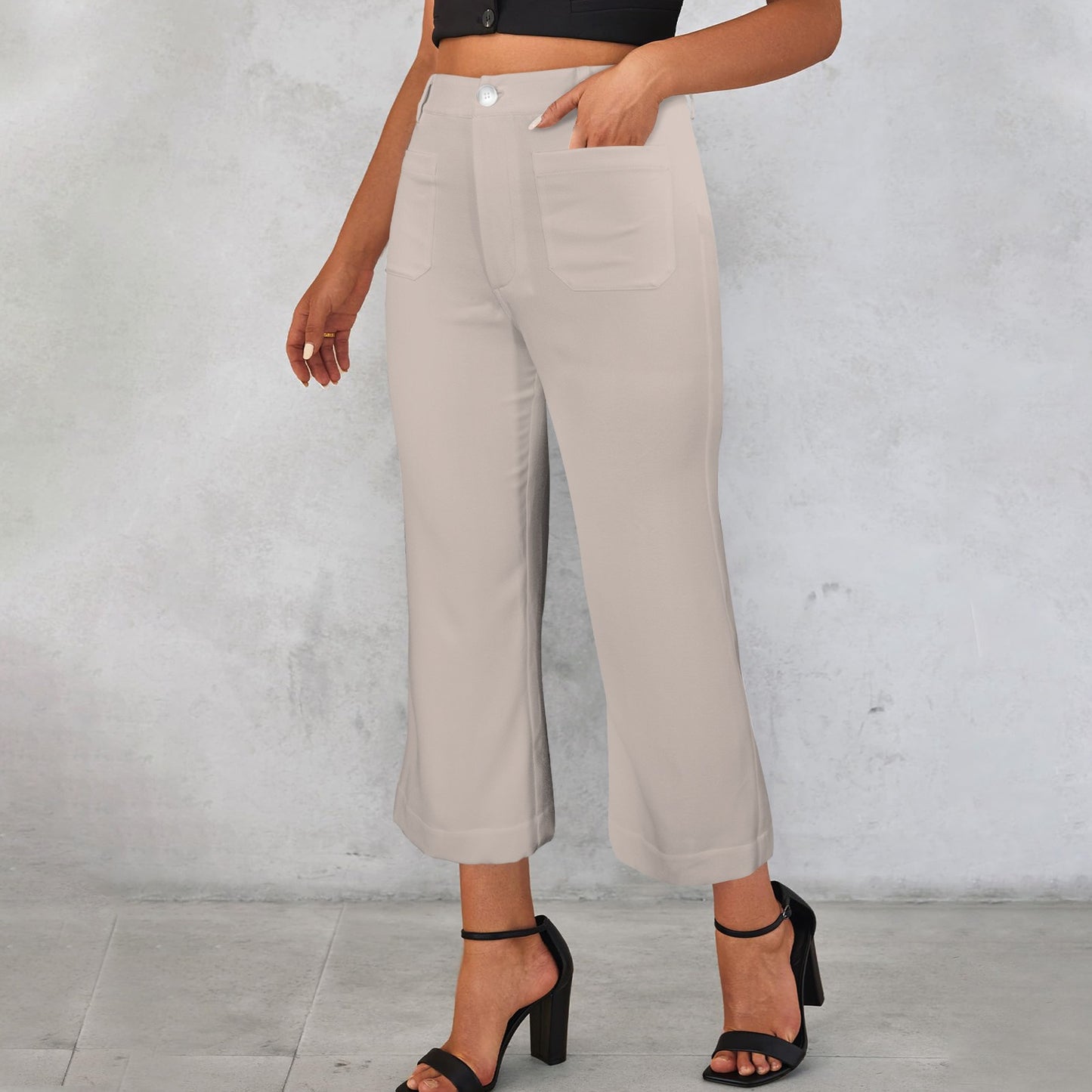 High Waist Pocket Flared Cropped Pants Beige