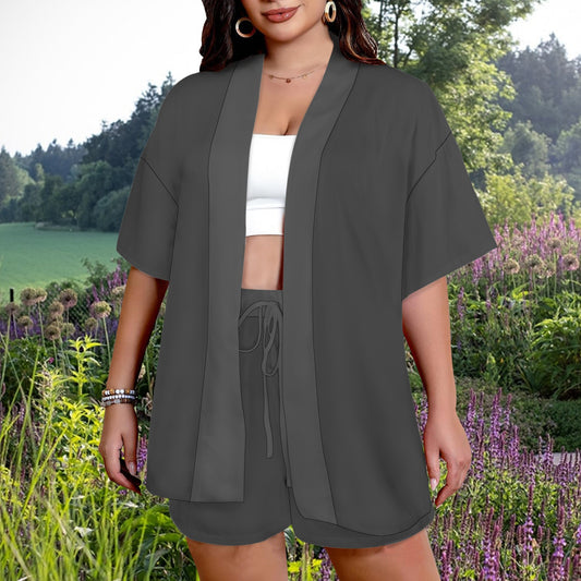 Open Front Lightweight Cardigan Top & Drawstring Waist Shorts Set Dark Greys