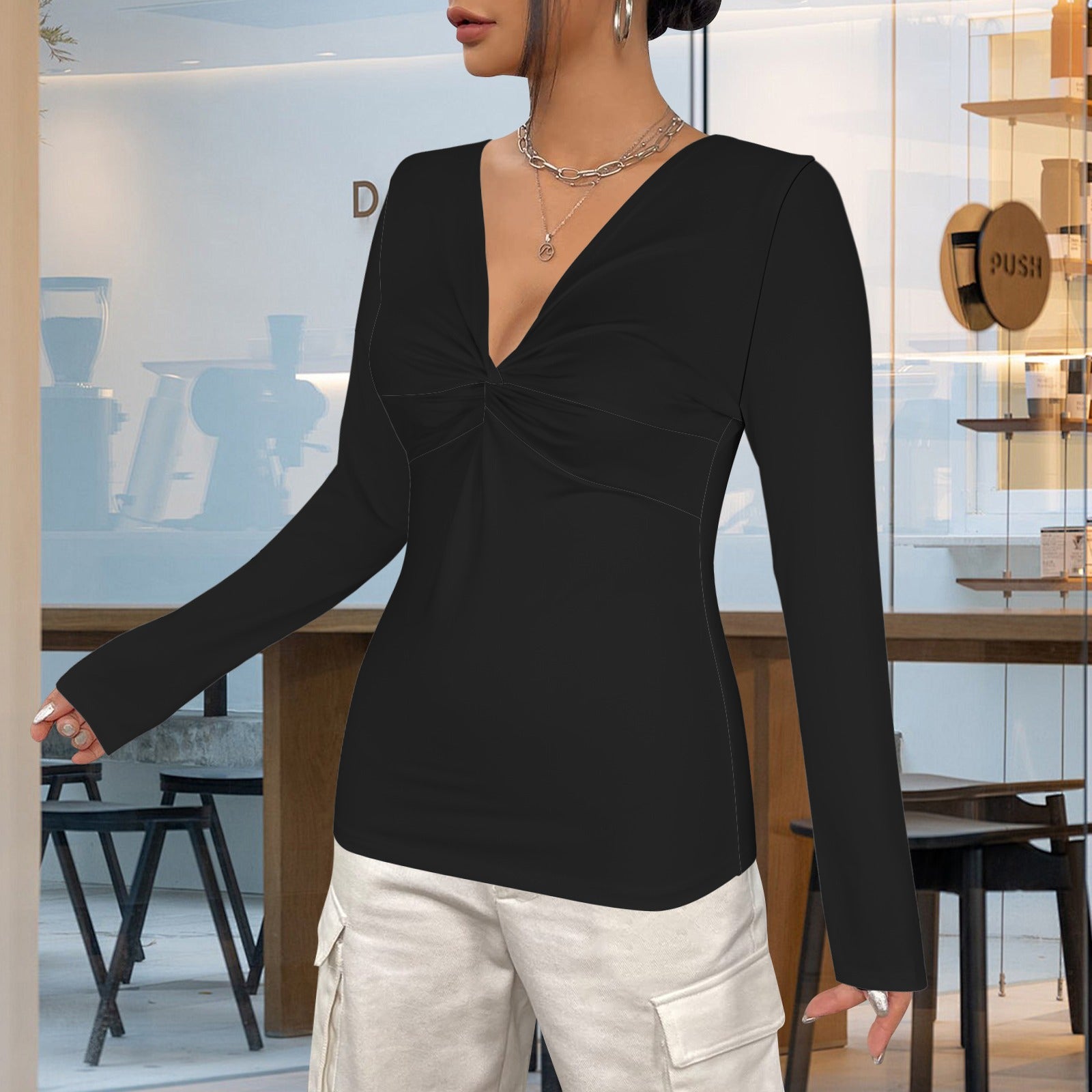 Black Twist V Neck Long Sleeve Slim Fit Top