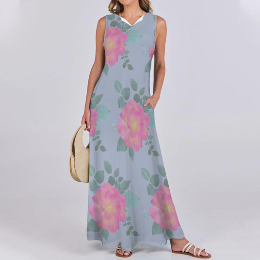 Sleeveless Maxi Dress Roses Cloud Blue