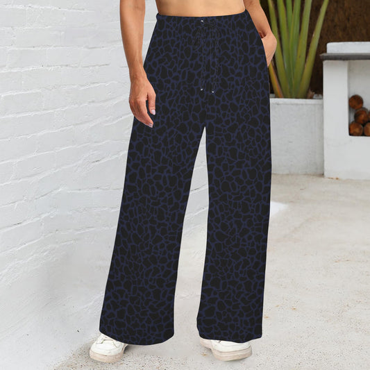 Violet Black Petal Print Wide Leg Pants with Pockets