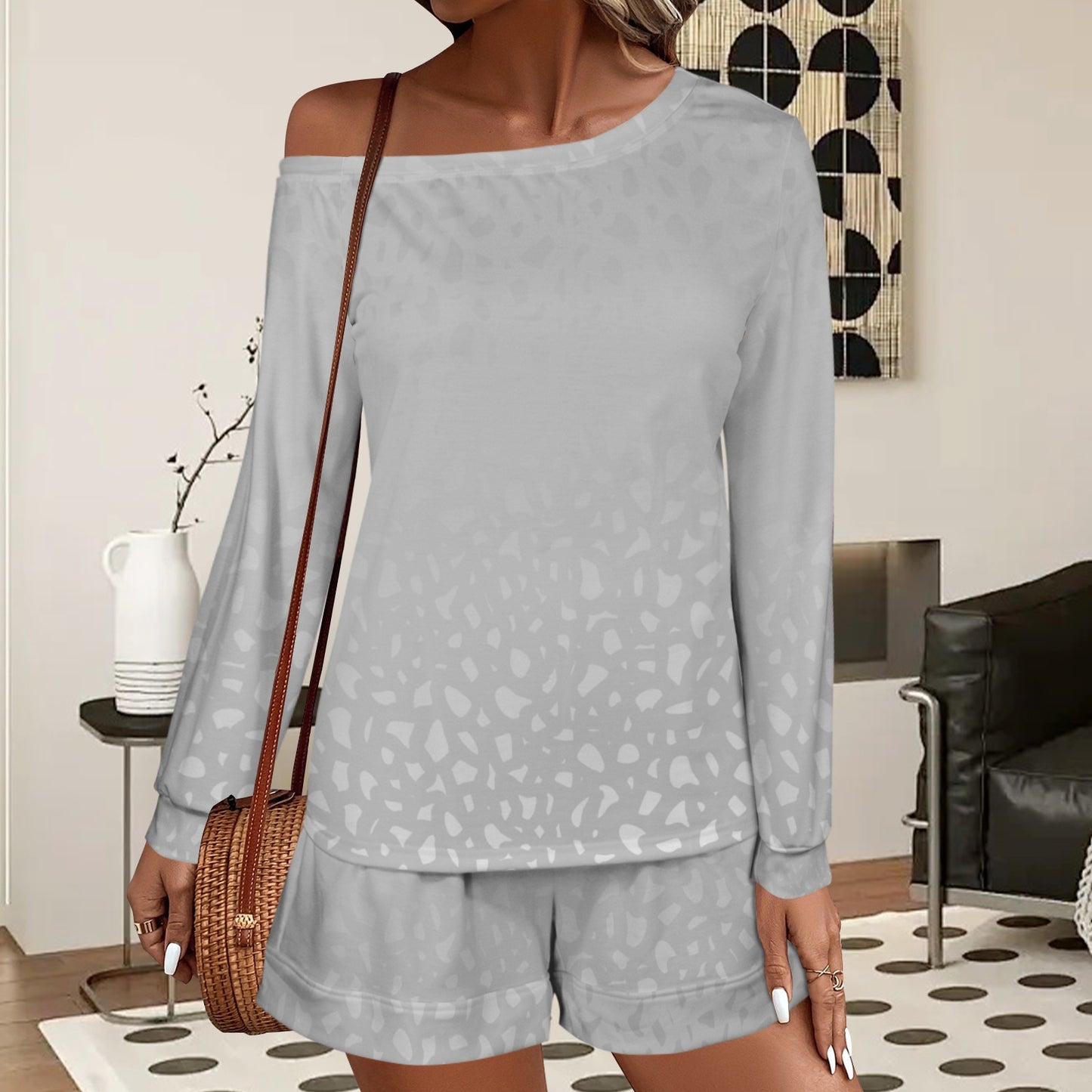 Slanted Off Shoulder Sweatshirt & Elastic Waist Shorts Set Grey Coral