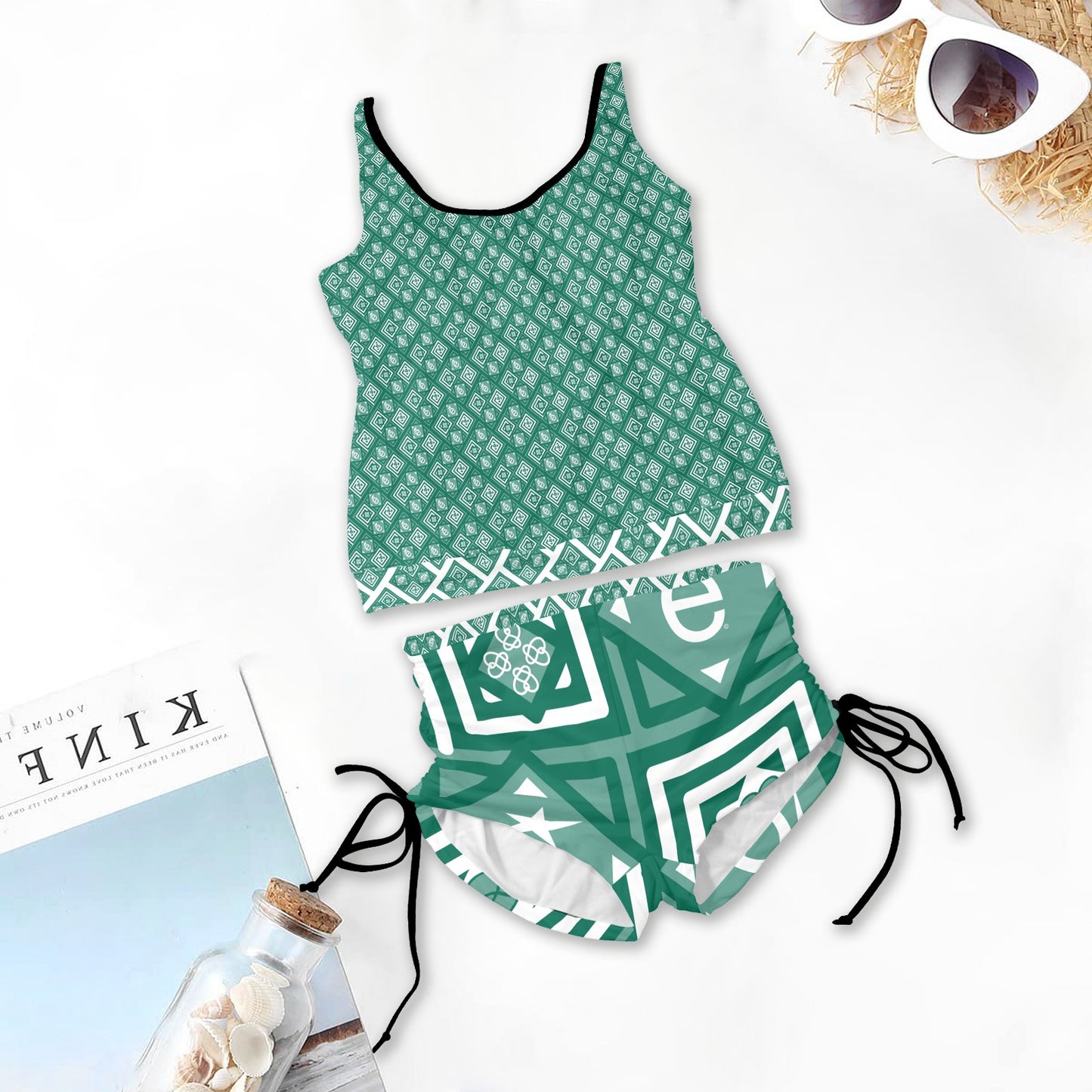 Round Neck Drawstring Tankini Swim Set é Logo Green