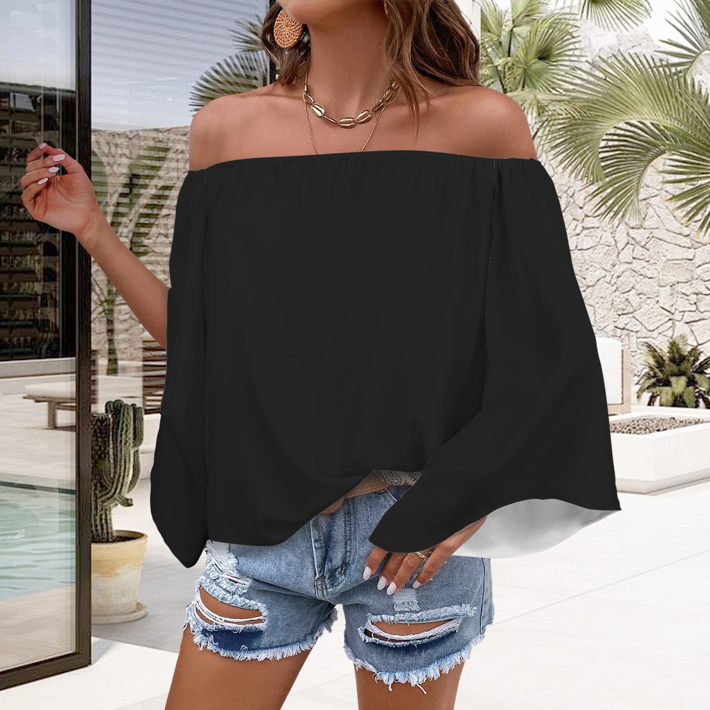 Off Shoulder Trumpet Sleeve Blouse Black