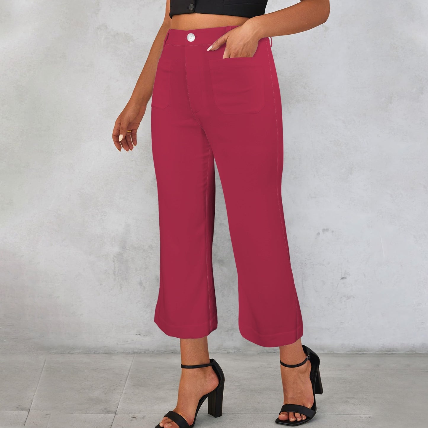 High Waist Pocket Flared Cropped Pants Red