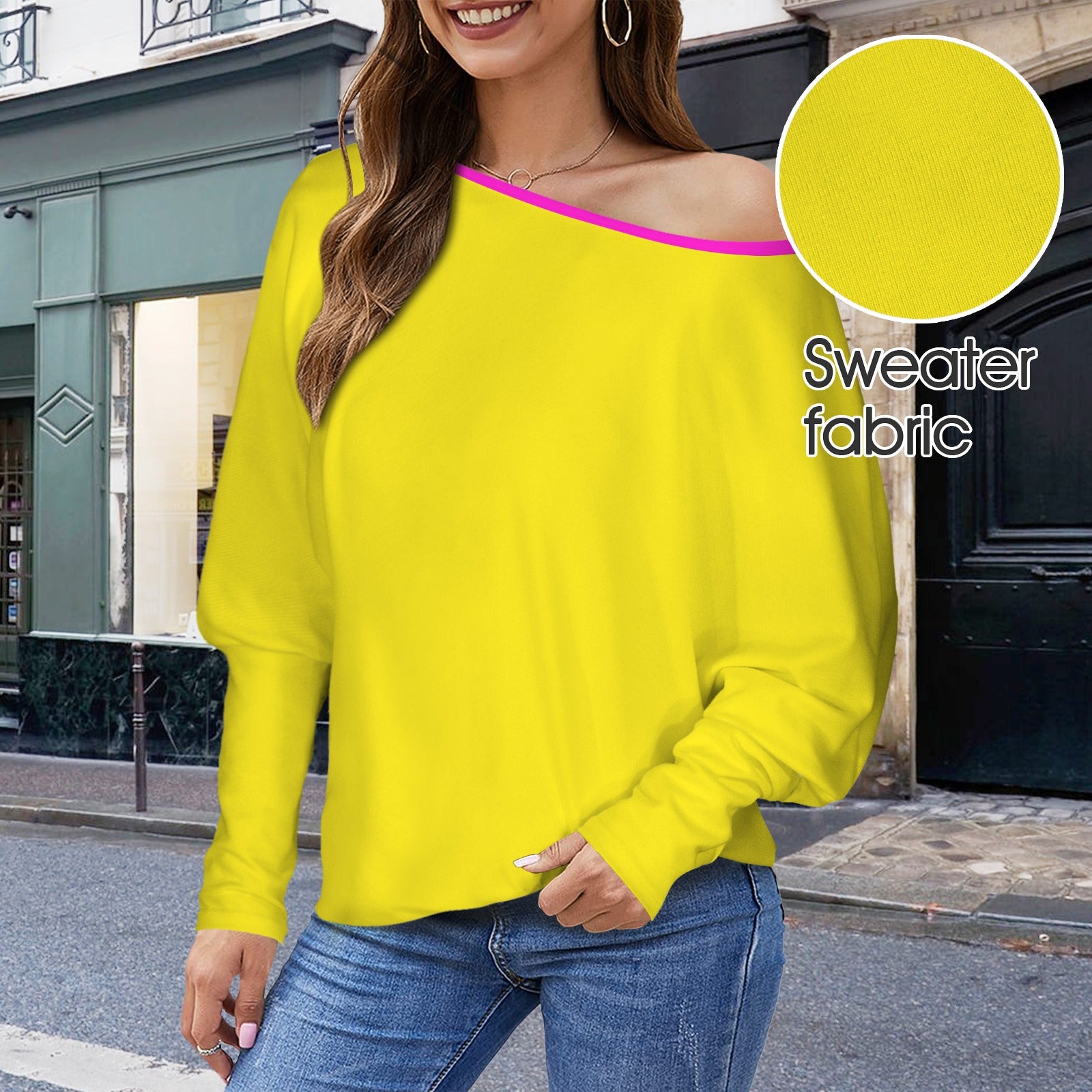 Casual Long Batwing Sleeve Off Shoulder Sweater Top Yellow Fuchsia