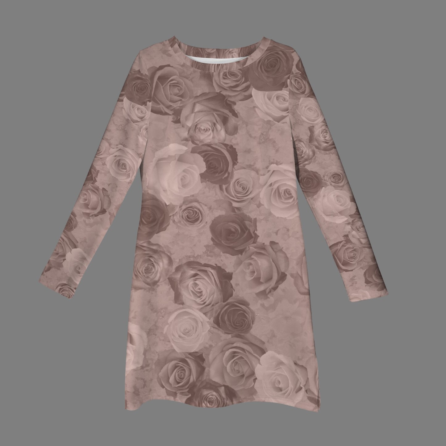 Casual Long Sleeve Dress Mauvy Taupe Roses