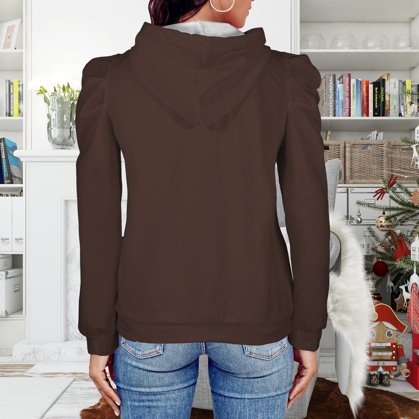 Pleated Puff Sleeve Hooded Fleece Sweatshirt Espresso Chocolate