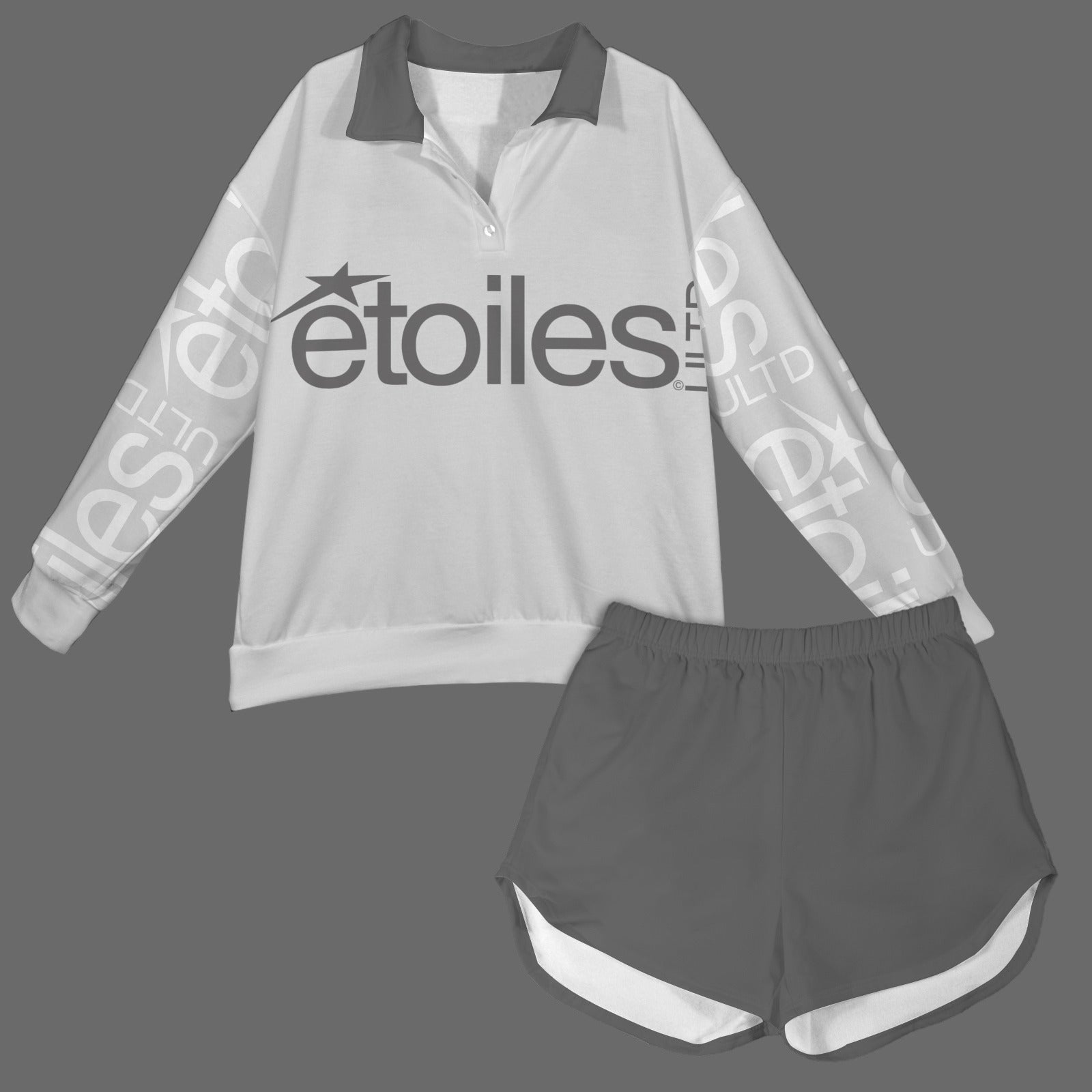 Long Sleeve Button Collar Sweatshirt & Elastic Waist Pocket Shorts Set étoilesULTD© Grey