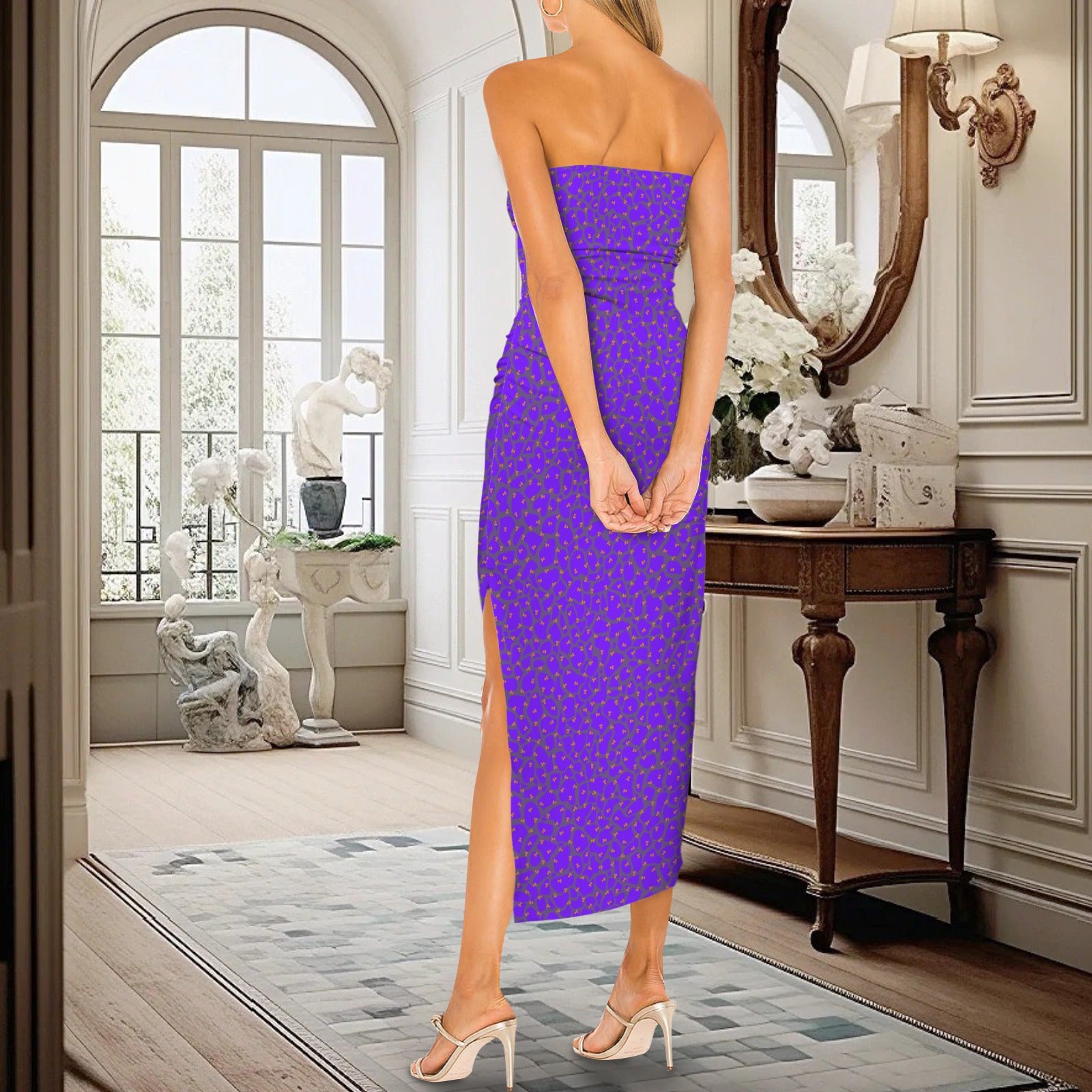 Strapless Side Slit Maxi Slim Fit Dress Butterflies Purple