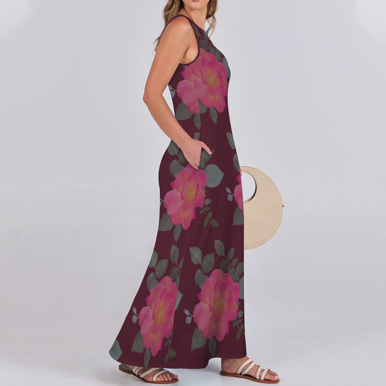 Sleeveless Maxi Dress Roses Dark Berry