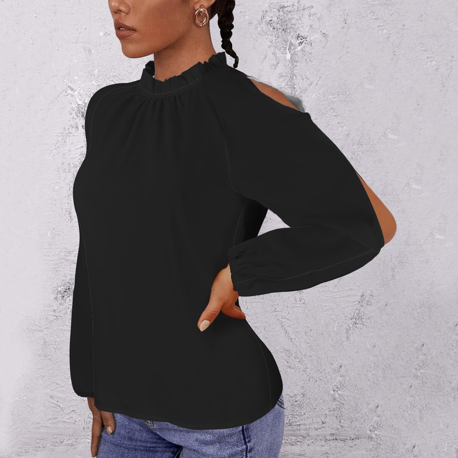 Lotus Leaf Round Neck Long Sleeve Pleated Off Shoulder Blouse Black