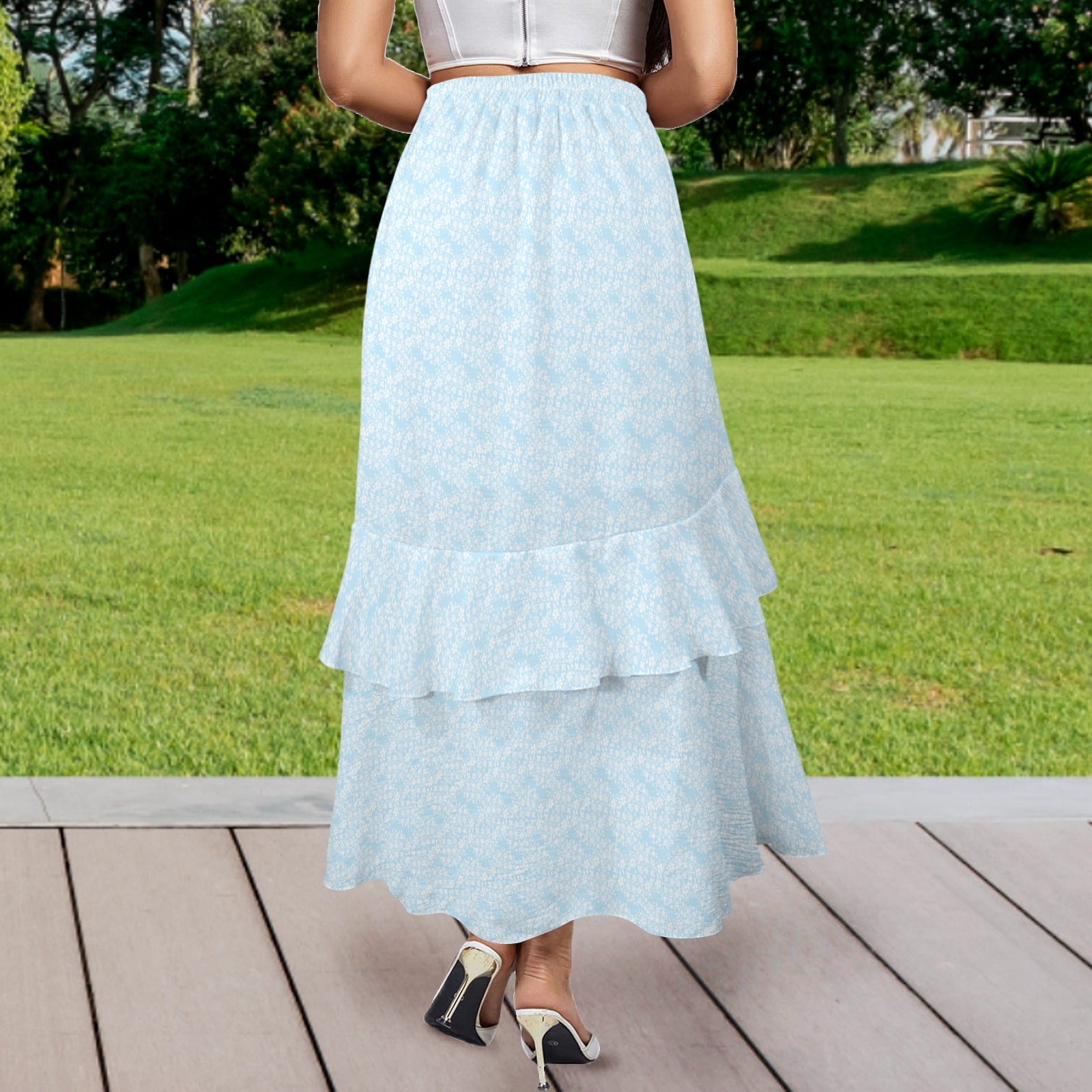 High Side Split Ruffle Hem Maxi Skirt Light Blue & White Floral