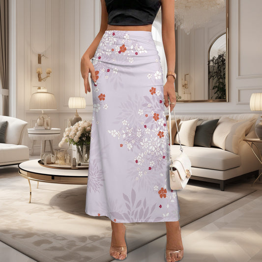 High Waist Pleated Flared Maxi Skirt Light Lavender Blossom Print