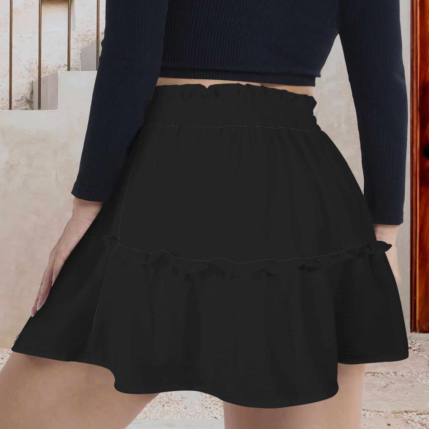 Tie Front Hight Waist Ruffle Mini Skirt Black