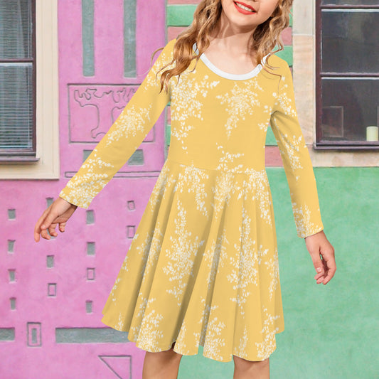 Long Sleeve Cross Back Girls Dress Yellow Floral