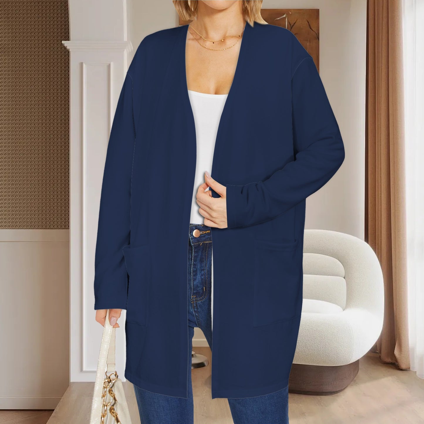 Long Sleeve Pocket Cardigan Dark Blue