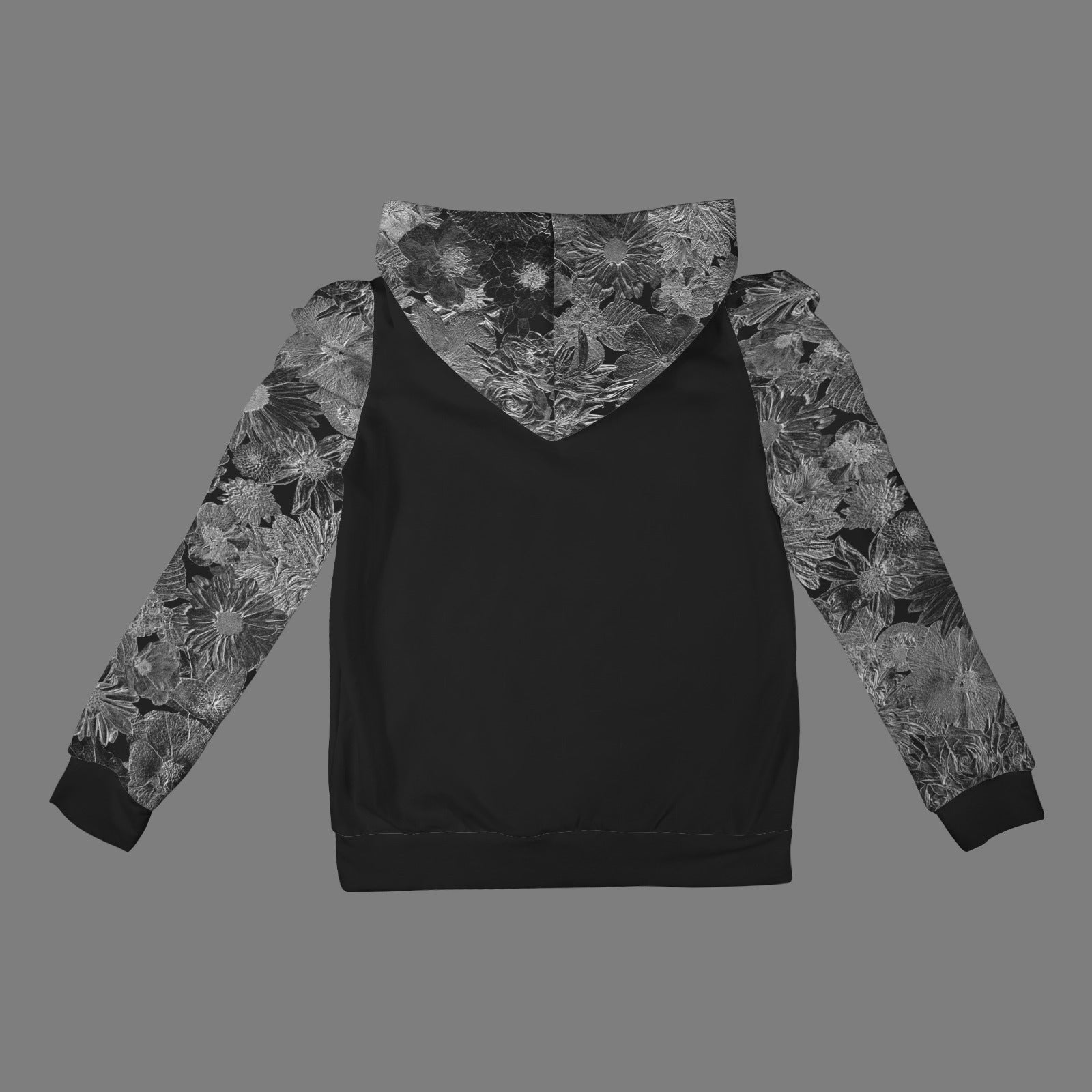 Pleated Puff Sleeve Hooded Fleece Sweatshirt Black Floral