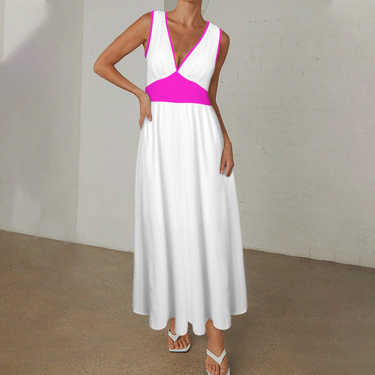 Deep V-Neck Sleeveless Hight Waisted Maxi Dress Fuchsia White